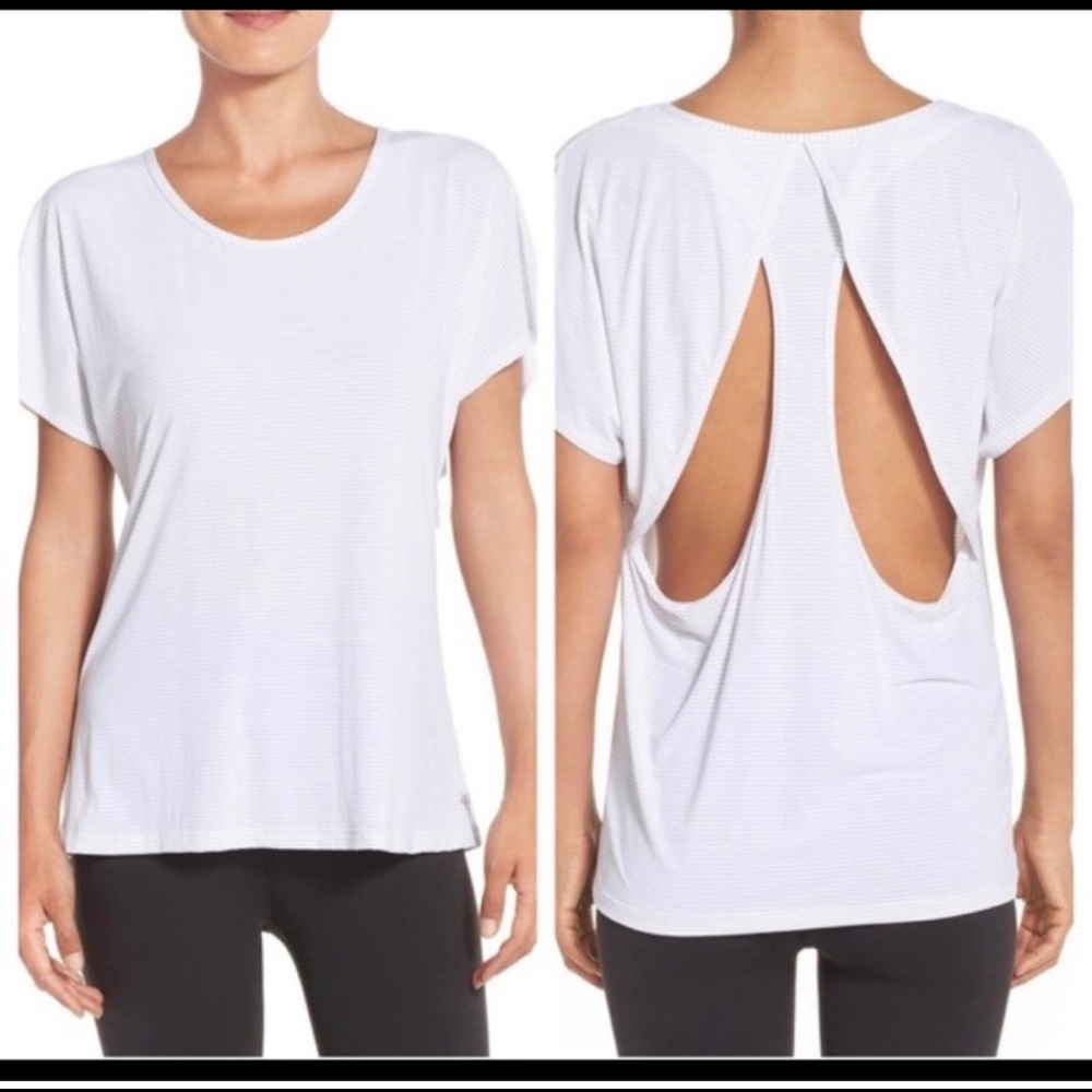 Beyond Yoga White Striped Short Sleeve Shirt Open Back Women's XL